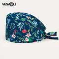 women's Cotton scrubs caps weat - absorbent Elastic Section pet grooming nursing work hats lab Flower print scrub hat Wholesale