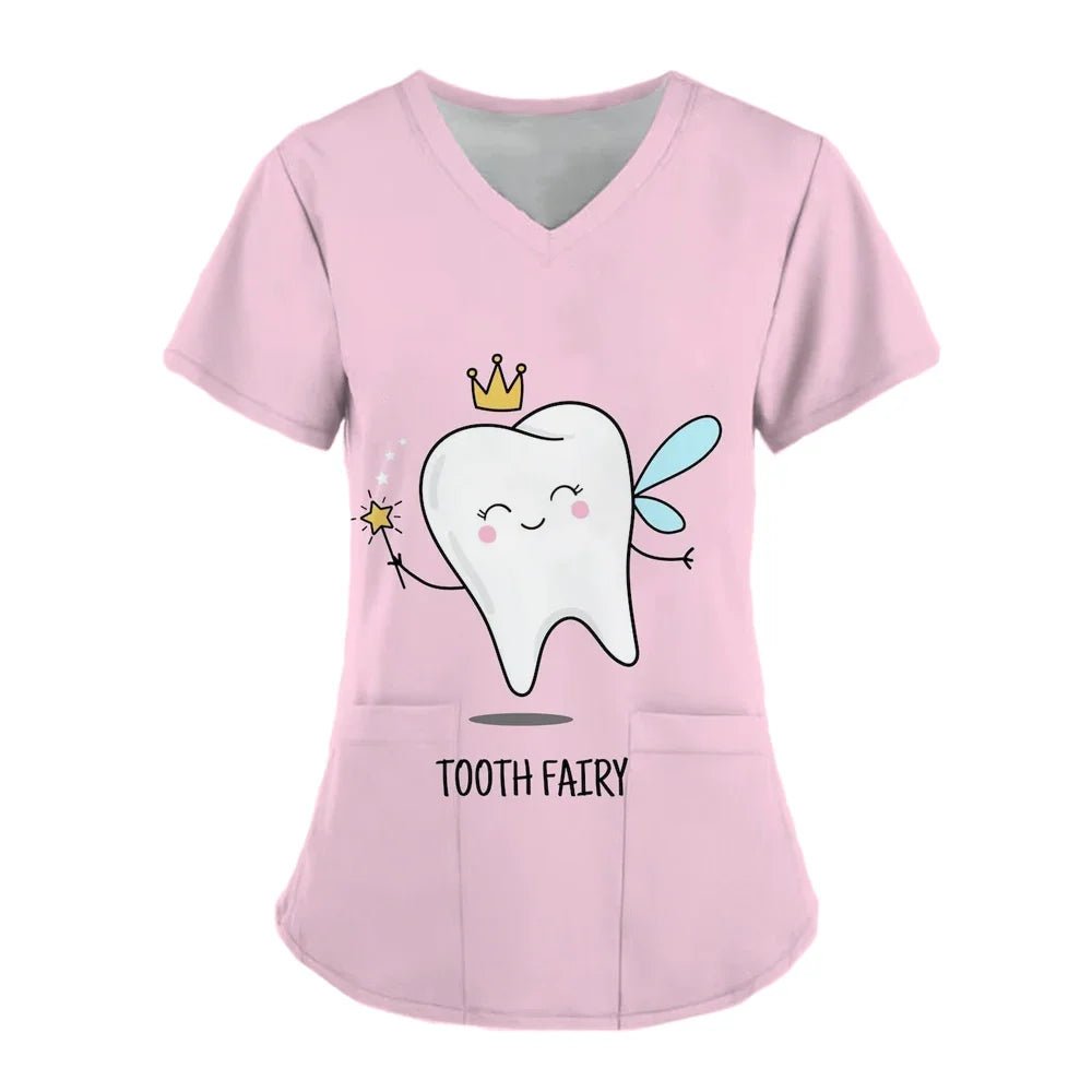 Women Teeth Print Scrub Tops