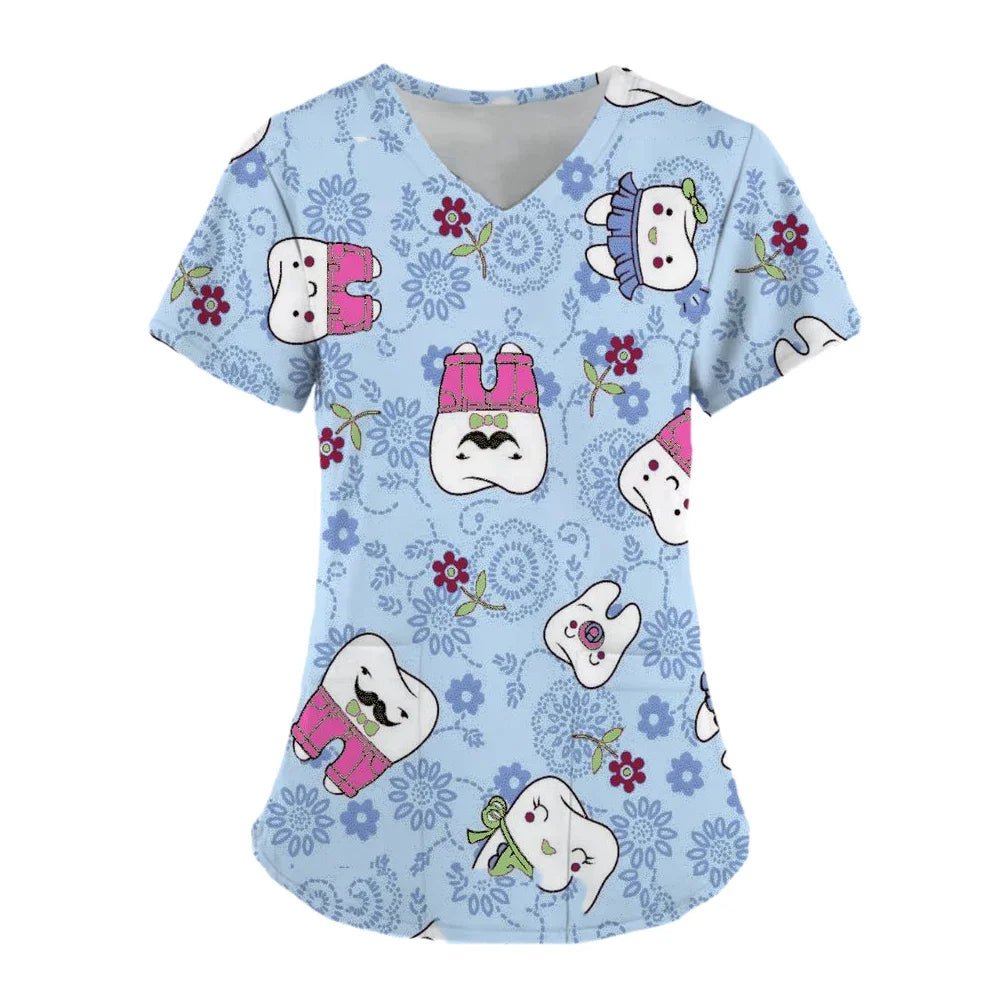 Women Teeth Print Scrub Tops