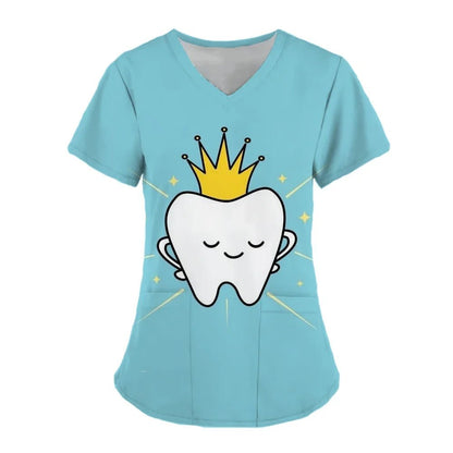 Women Teeth Print Scrub Tops