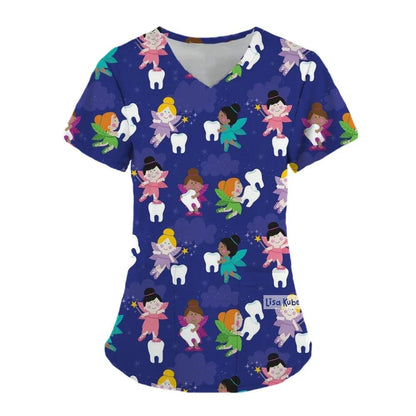 Women Teeth Print Scrub Tops