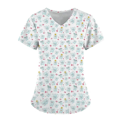 Women Teeth Print Scrub Tops